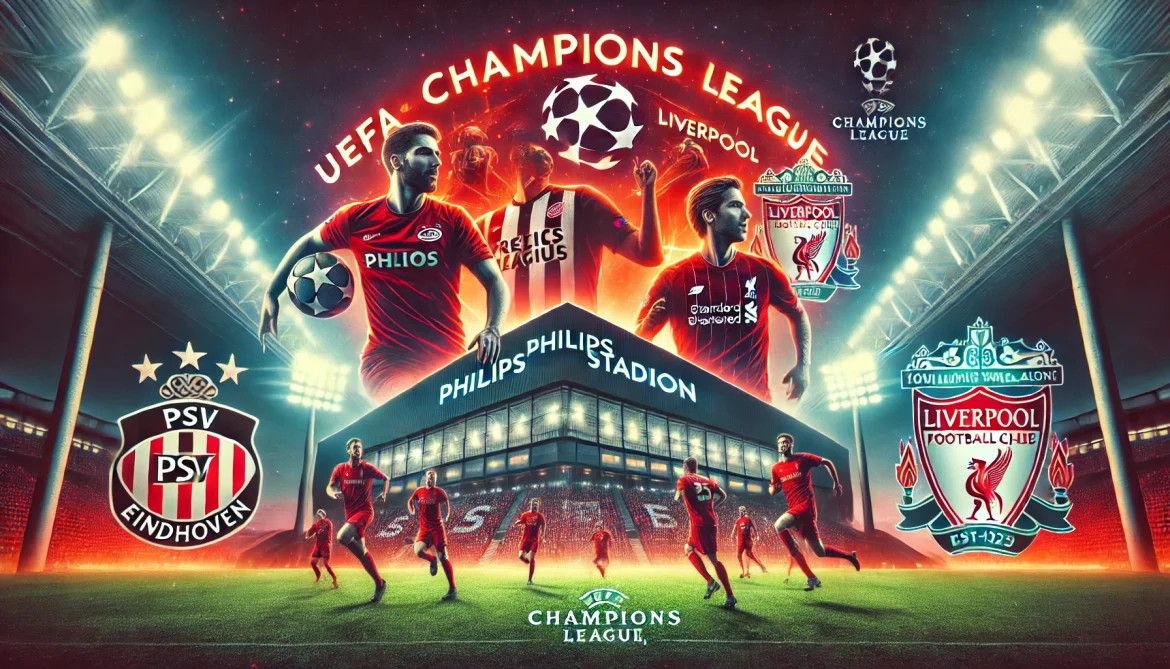 DALL·E 2025-01-27 02.22.01 – A dramatic digital artwork featuring the Philips Stadion in Eindhoven at night, illuminated by vibrant stadium lights. In the foreground, generic acti