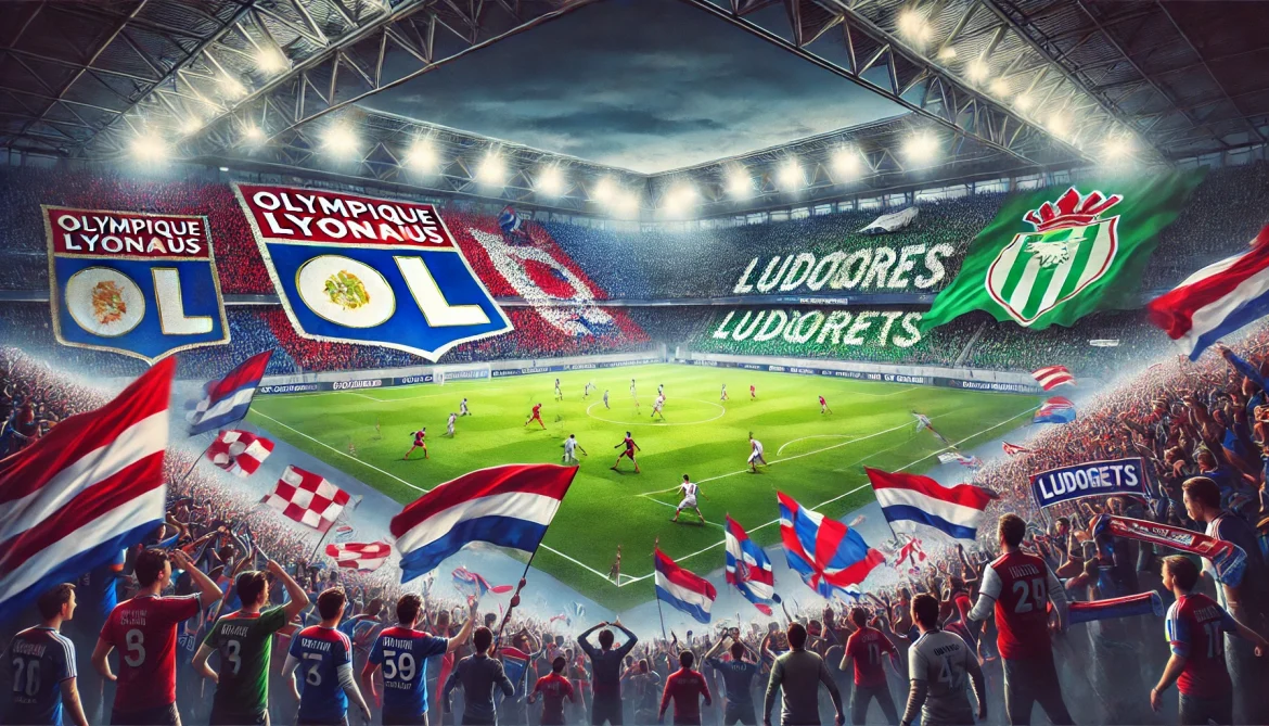 DALL·E 2025-01-29 02.56.37 – A thrilling football match scene featuring Olympique Lyonnais vs Ludogorets at Groupama Stadium. The stadium is packed with passionate fans waving red