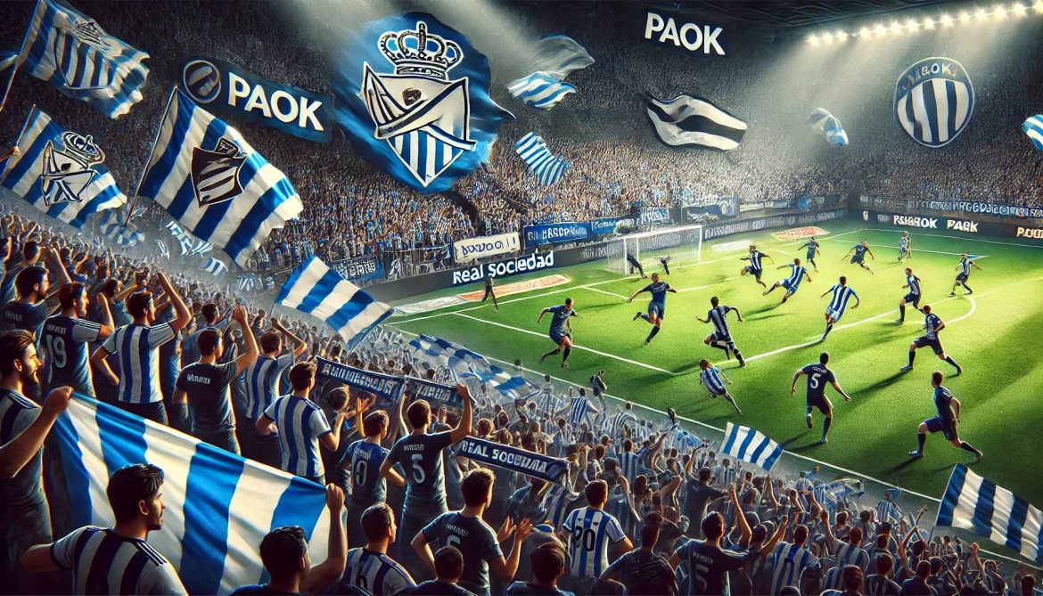 DALL·E 2025-01-29 02.58.33 – A thrilling football match scene featuring Real Sociedad vs PAOK at a packed stadium. Fans are waving blue and white Real Sociedad flags, while PAOK s