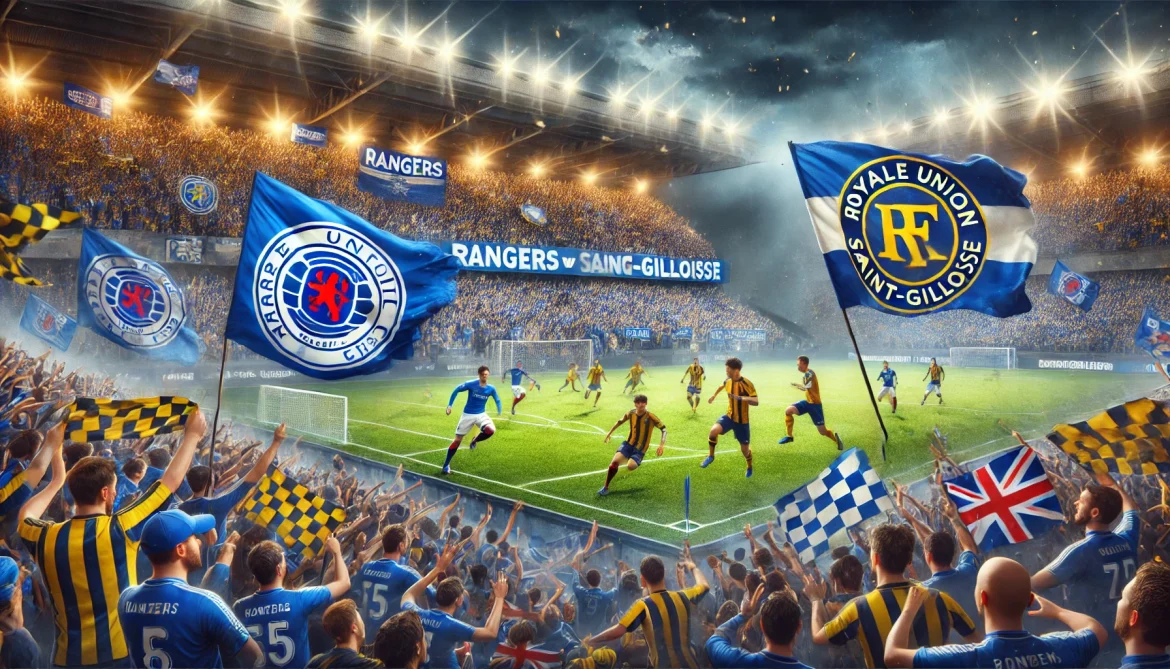 DALL·E 2025-01-29 03.00.34 – A thrilling football match scene featuring Rangers vs Royale Union Saint-Gilloise at a packed stadium. Fans are waving blue and white Rangers flags, w