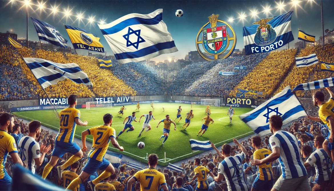 DALL·E 2025-01-29 03.04.14 – A thrilling football match scene featuring Maccabi Tel Aviv vs FC Porto at a packed stadium. Fans are waving yellow and blue Maccabi Tel Aviv flags, w