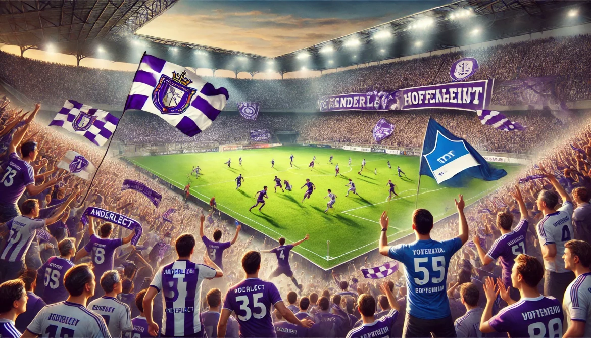 DALL·E 2025-01-29 03.07.35 – A thrilling football match scene featuring RSC Anderlecht vs TSG Hoffenheim at a packed stadium. Fans are waving purple and white Anderlecht flags, wh