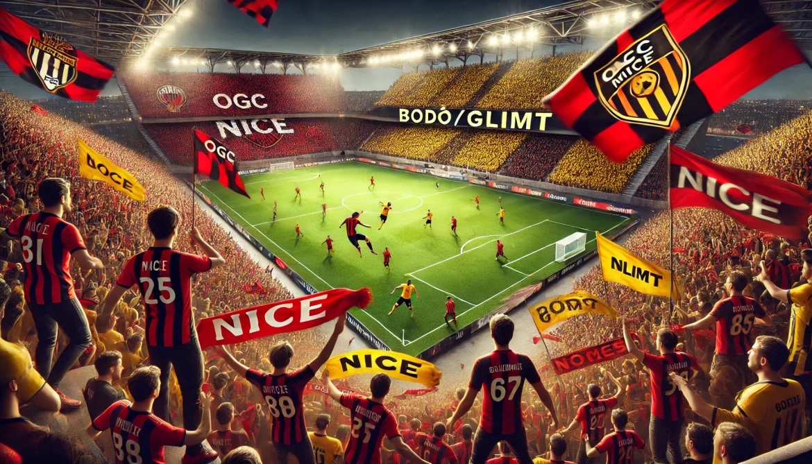 DALL·E 2025-01-29 03.10.50 – A thrilling football match scene featuring OGC Nice vs Bodø_Glimt at a packed stadium. Fans are waving red and black Nice flags, while Bodø_Glimt supp
