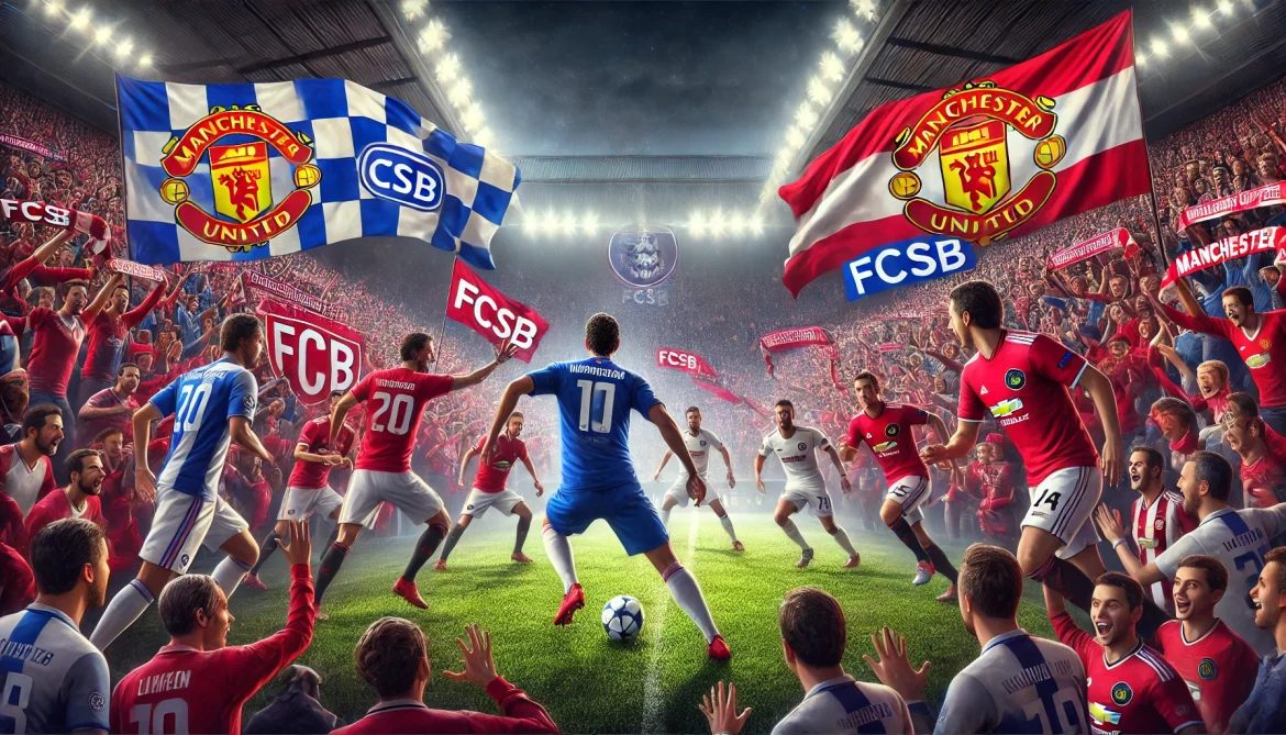 DALL·E 2025-01-29 03.12.48 – A thrilling football match scene featuring FCSB vs Manchester United at a packed stadium. Fans are waving red and blue FCSB flags, while Manchester Un