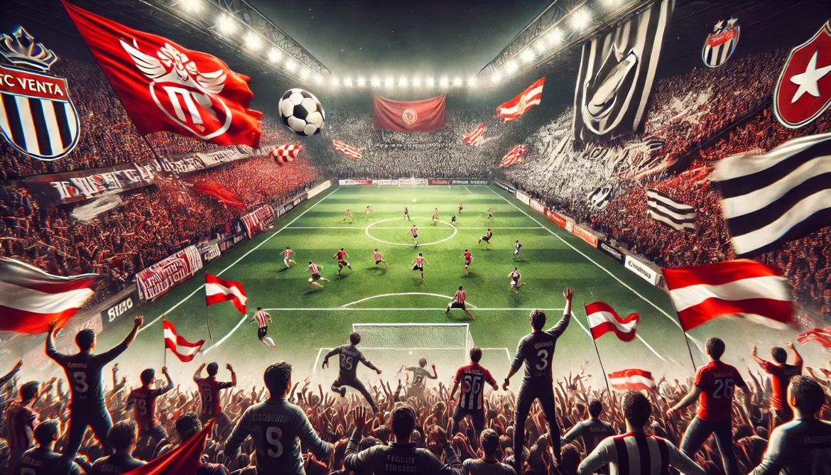 DALL·E 2025-01-29 03.14.49 – A thrilling football match scene featuring FC Twente vs Beşiktaş at a packed stadium. Fans are waving red and white FC Twente flags, while Beşiktaş su