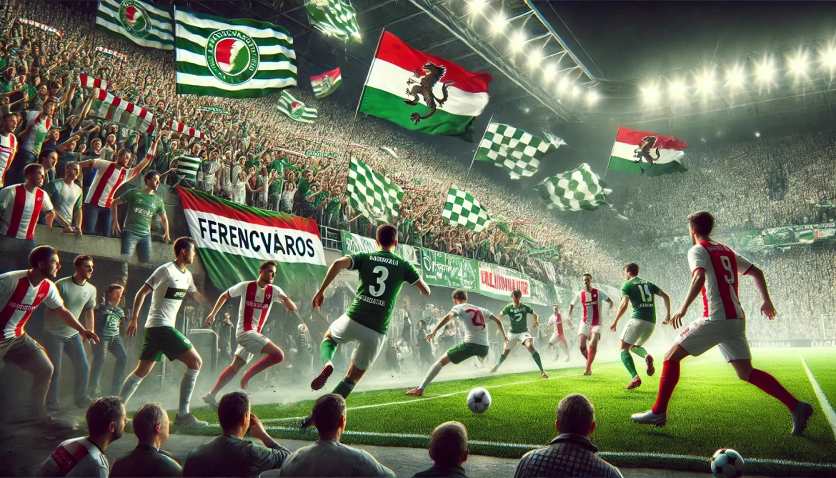 DALL·E 2025-01-29 03.16.48 – A thrilling football match scene featuring Ferencváros TC vs AZ Alkmaar at a packed stadium. Fans are waving green and white Ferencváros flags, while