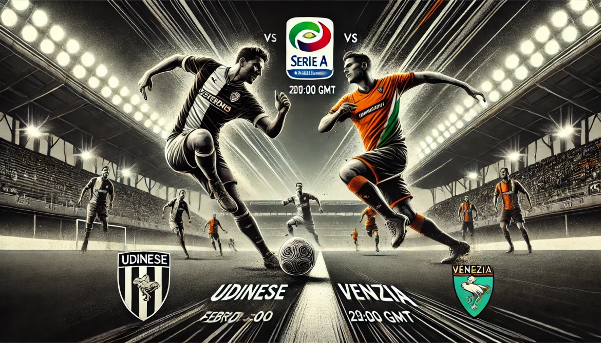 DALL·E 2025-01-30 23.58.56 – A featured image for the Udinese vs Venezia match preview. The image should depict an intense football scene at Stadio Friuli, with Udinese’s black an