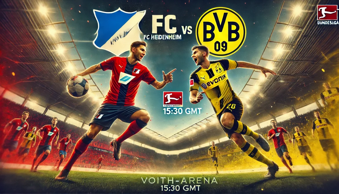 DALL·E 2025-01-31 08.19.31 – A featured image for the FC Heidenheim vs Borussia Dortmund match preview. The image should depict an intense football scene at Voith-Arena, with Heid