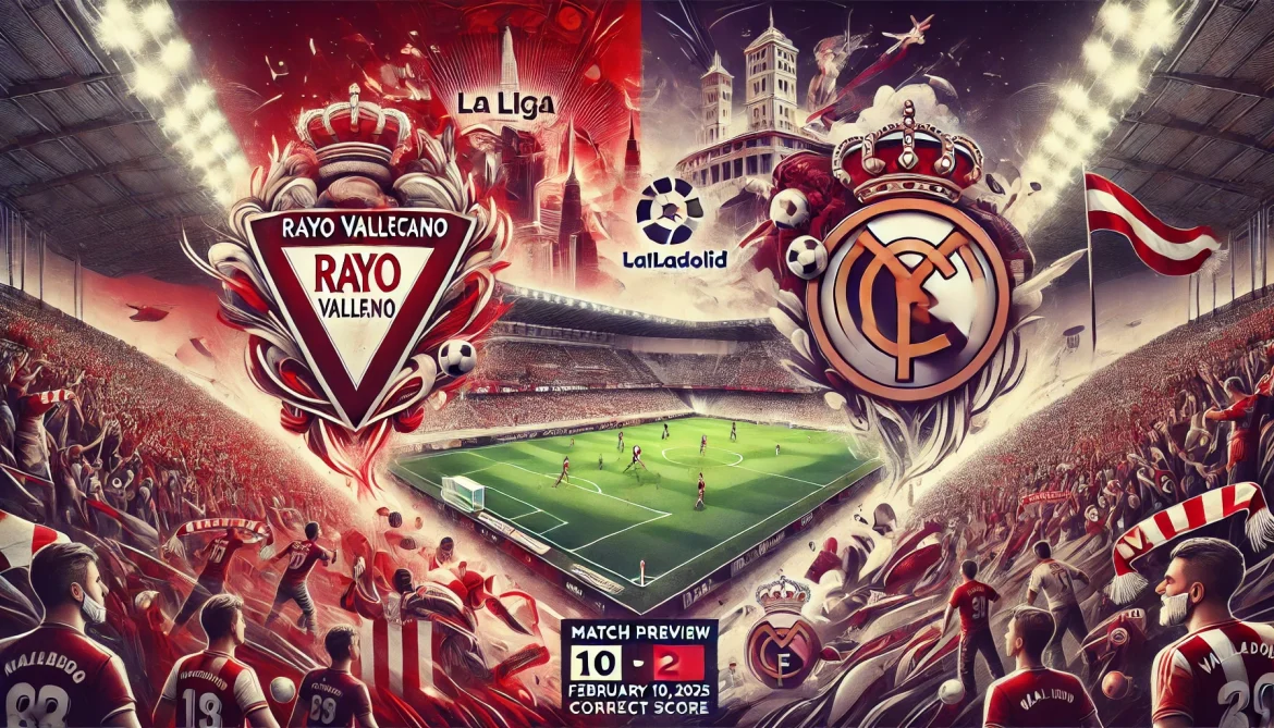 DALL·E 2025-02-04 19.52.06 – A vibrant and dynamic digital collage capturing the excitement of a La Liga football match between Rayo Vallecano and Real Valladolid. The background