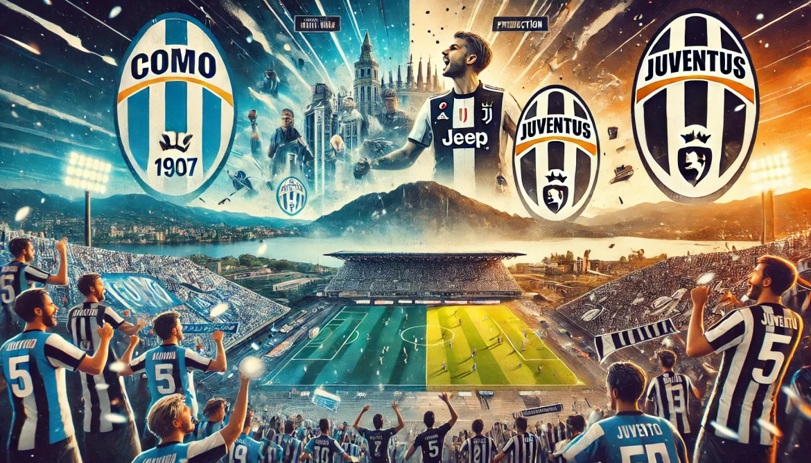 DALL·E 2025-02-04 20.10.46 – A vibrant and dynamic digital collage capturing the excitement of a football match between Como and Juventus. The background prominently features a st