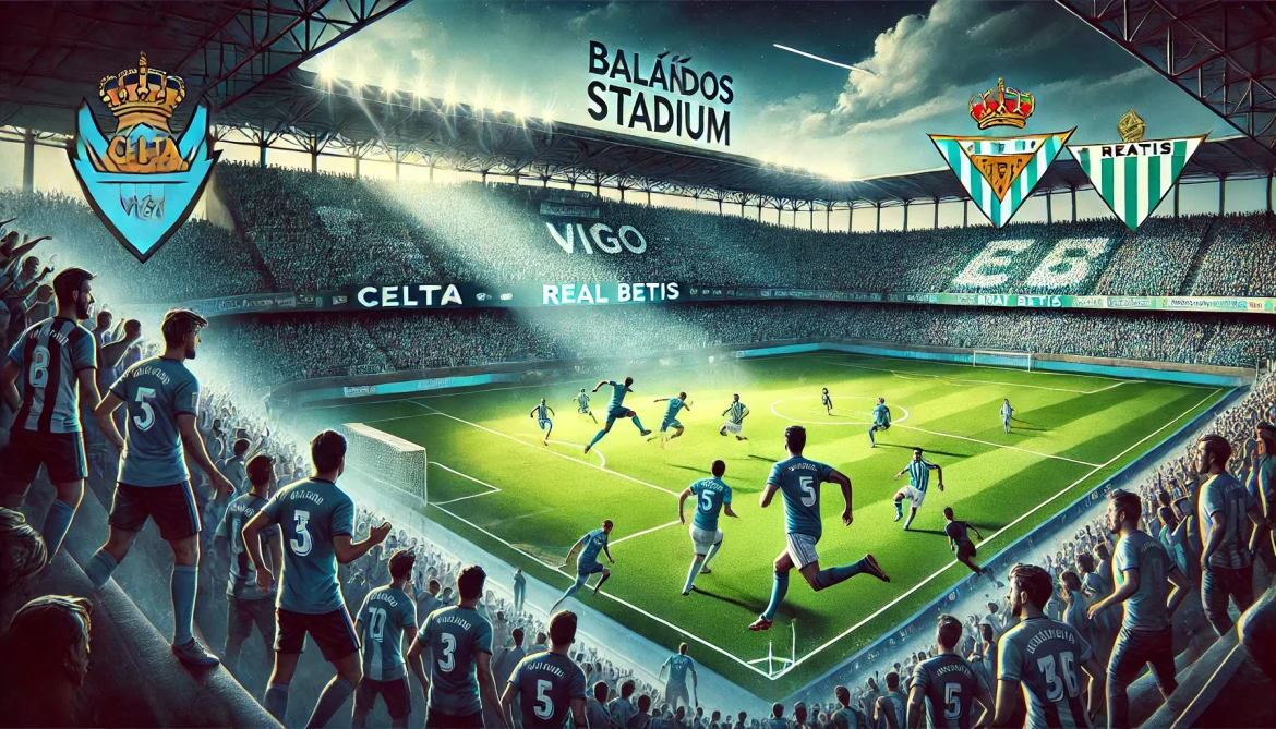 DALL·E 2025-02-08 02.26.10 – A dynamic football match scene featuring Celta Vigo and Real Betis at Balaídos Stadium. The image should capture an intense moment in the game, with p