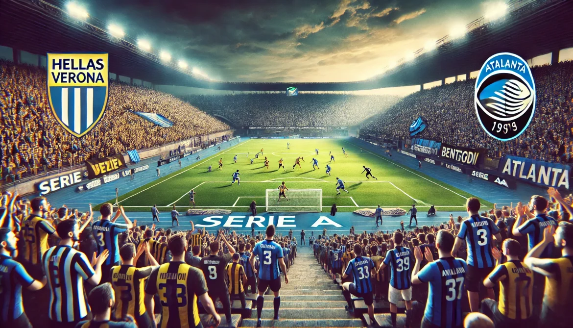 DALL·E 2025-02-08 03.09.14 – A thrilling football match scene featuring Hellas Verona and Atalanta at Stadio Marc’Antonio Bentegodi. The image captures players in action, with Hel