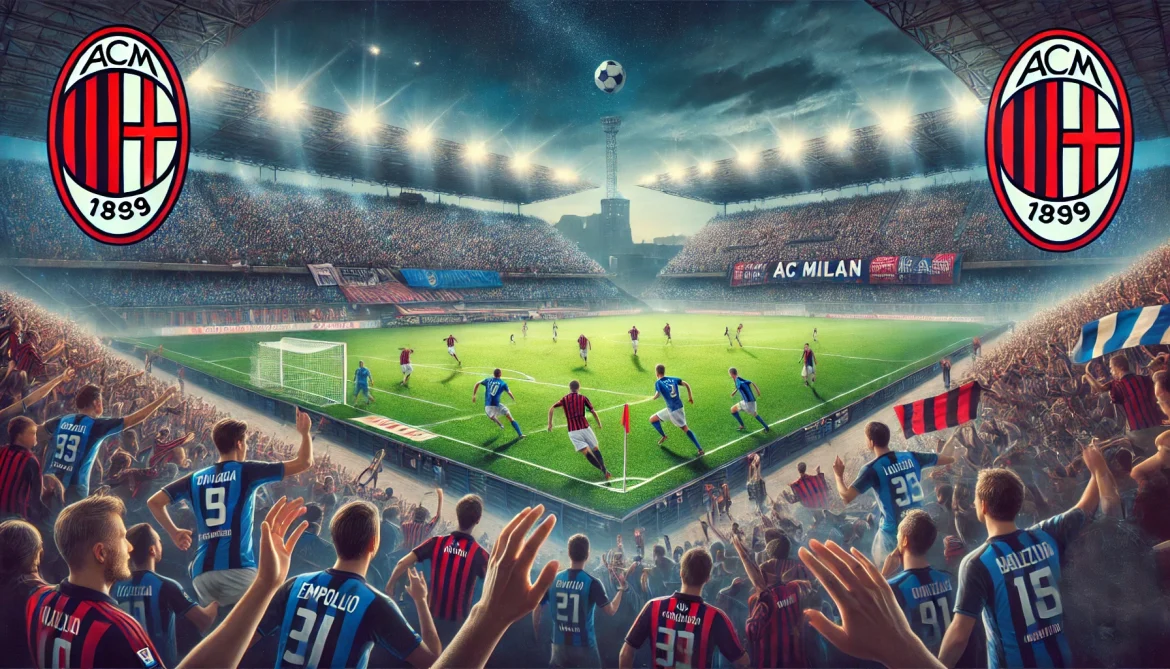 DALL·E 2025-02-08 03.15.29 – A thrilling football match scene featuring Empoli and AC Milan at Stadio Carlo Castellani. The image captures players in action, with Empoli in blue k