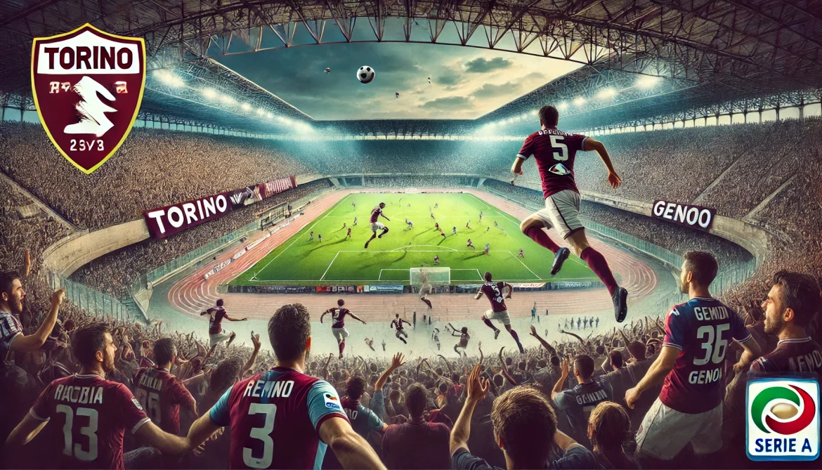 DALL·E 2025-02-08 03.19.03 – A thrilling football match scene featuring Torino and Genoa at Stadio Olimpico Grande Torino. The image captures players in action, with Torino in mar