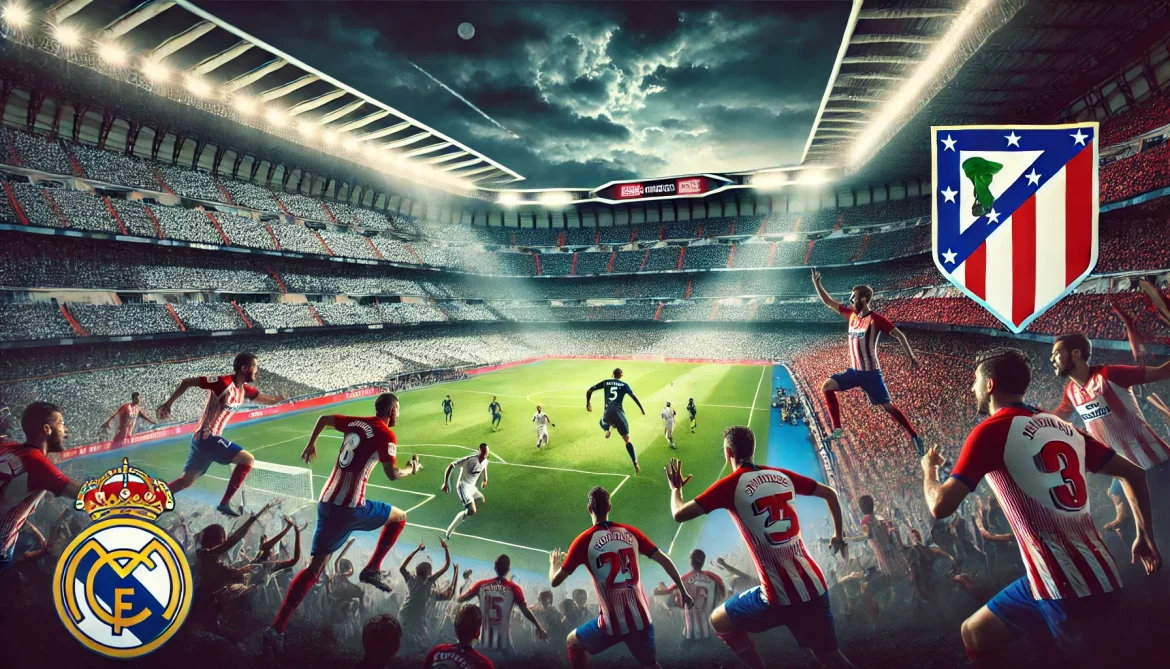 DALL·E 2025-02-08 03.26.18 – A thrilling football match scene featuring Real Madrid and Atlético Madrid at Santiago Bernabéu Stadium. The image captures an intense moment with pla