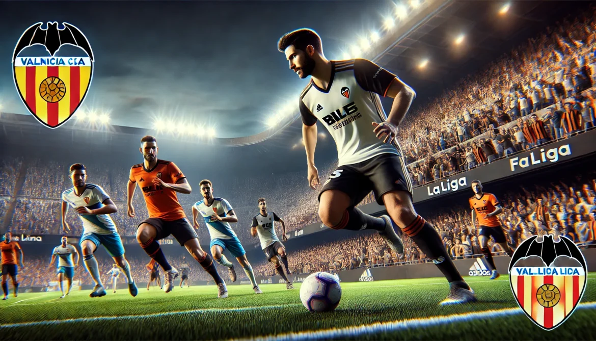 DALL·E 2025-02-08 07.24.02 – A thrilling football match scene featuring Valencia and Leganés players in action at the Mestalla Stadium. The atmosphere is electric with cheering fa