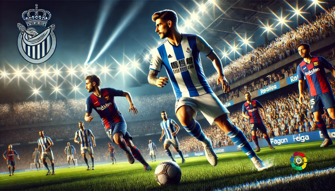 DALL·E 2025-02-08 07.39.01 – A thrilling football match scene featuring Real Sociedad and Espanyol players in action at the Reale Arena. The atmosphere is electric with cheering f